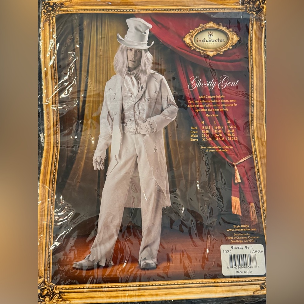 Ghostly Gent InCharacter Gray Coat, Pants, Hat, Collar, Wig Size L Costume
